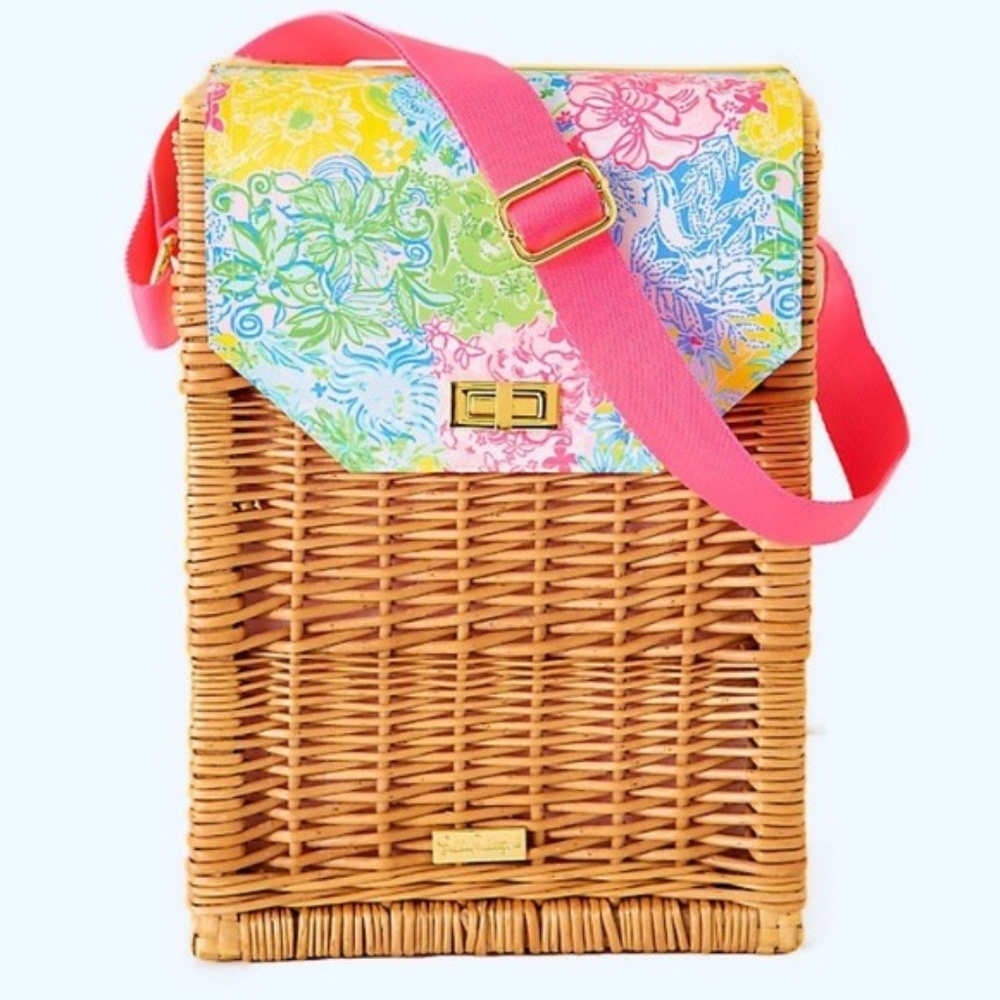 NEW Lilly Pulitzer Wicker Wine Basket Carrier
